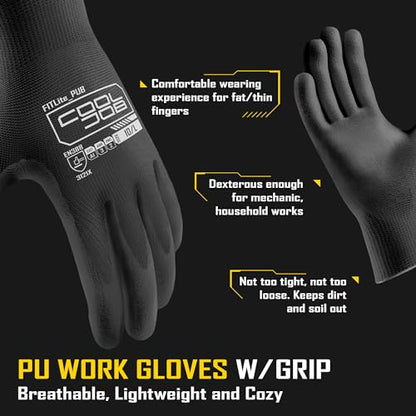 COOLJOB 12/60 Pairs Safety Work Gloves Pack Bulk with Grip PU Coating - color: Black, size: Medium (Pack of 12)