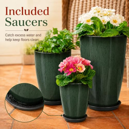 Neoaider Set of 3 Tall Planter, 24/21/12in Large Plastic Planter, DarkGreen - color: Dark Green