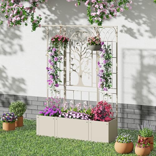Metal Planter Box with Trellis, Outdoor Raised Garden Bed, Beige - color: Beige