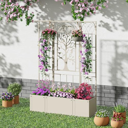 Metal Planter Box with Trellis, Outdoor Raised Garden Bed, Beige - color: Beige
