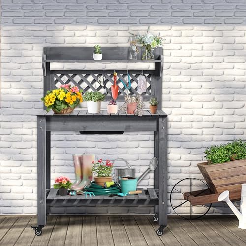 Yaheetech Outdoor Potting Bench with Sink, Garden Table, Lower Shelf,Gray