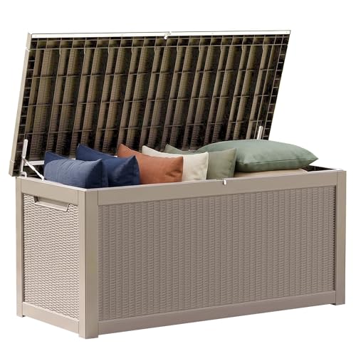 320 Gallon Outdoor Storage Box Patio Deck Box Waterproof, Resin Lockable Outside Large Storage Bin for Pool Cushion Furniture, Garden Tools UV-Resistant, Grey - color: Grey, size: 320 Gallon