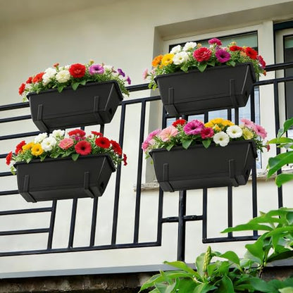 2 Tier Railing Planter Box Set of 2, 4 Pack Black Window Boxes Planters - color: Black
