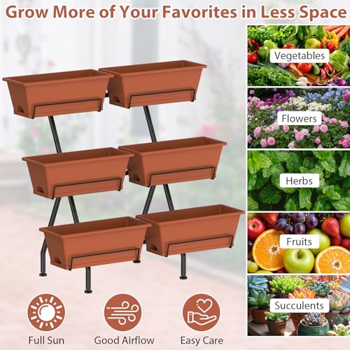 3-Tier Vertical Garden Planter with 6 Boxes, 31" Tall Raised Garden Bed - color: Brick Red, size: 3-Tier