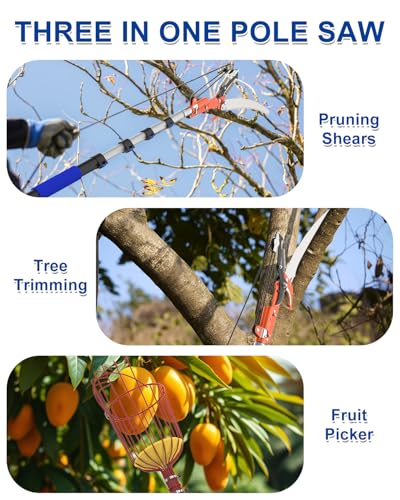 26FT Reach Pole Saw, Telescoping Tree Trimmer with 5-20FT Extension Pole, Sharp Steel Blade and Scissors, Fruit Picker, Extendable Long Handle Tree Pruner for Yard Garden Trees Palms Shrubs
