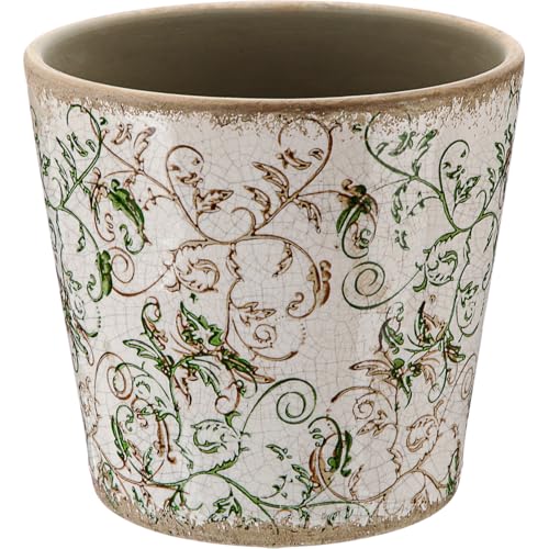 Beeveer Farmhouse Ceramic Planter 5.5 Inch Large Plants Pot Ice Crack Beige Green Floral Vines Plant Pots with Drainage Hole Indoor Plants Kitchen Rustic Antique Decor Gift - color: Beige and Green
