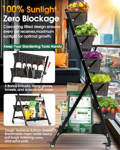 5-Tier Vertical Garden Bed Planter Boxes with Wheels, Drainage System & Storage Space, Mobile Vertical Garden Planter with 5 S-Hooks for Plants Vegetables Flowers Herbs in Garden Patio Yard - style: with wheels