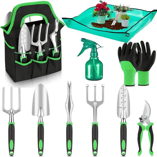 10-Piece Heavy Duty Garden Tool Set with Storage Tote Bag - color: Black Green