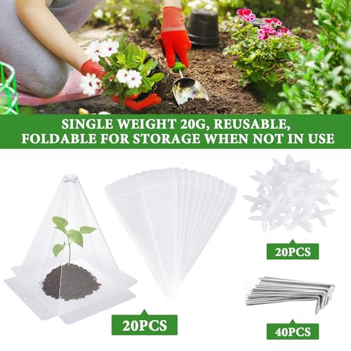 Reusable Plastic Garden Cloches, 7.8" x 11" Mini Greenhouse, 1.2mm Thick Clear Bell Covers with Metal Stakes Against Sun, Frost, Snails, Plant Protector (20pcs-Clear) - size: 20pcs-clear