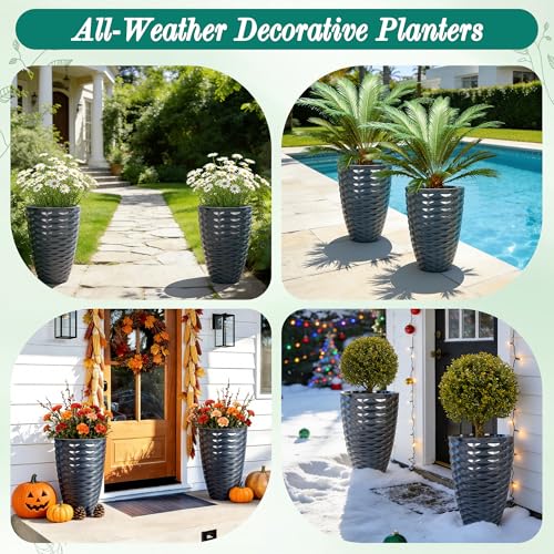 19" Resin Tall Outdoor Planters for Plants Set of 2, Costal Wavy Pot - color: 19"h-navy Blue Wavy