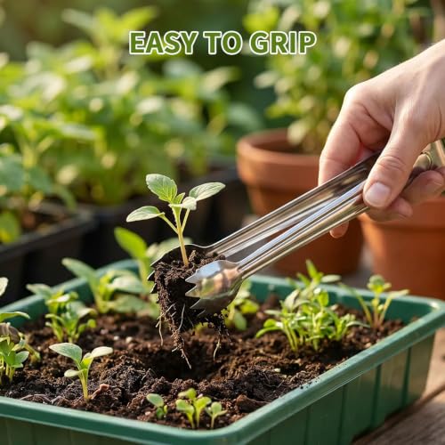 4Pcs Stainless Steel Seedling Gardening Tweezers & Clip, Long Thin Plant Transplanter for Succulent Bonsai Cactus, Seed Planting Tool for Indoor Outdoor Root Lowering Damage, Silver