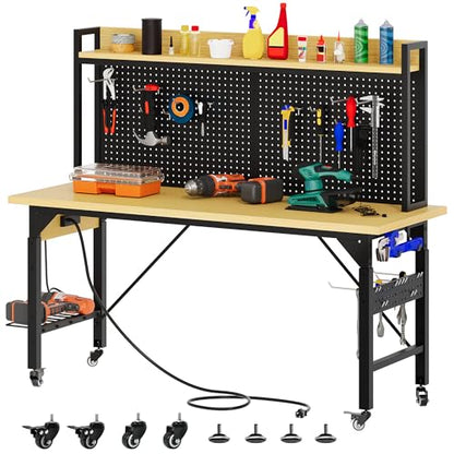 YITAHOME 60in Adjustable Workbench with Pegboard & Wheels 1600lb Load - size: 60" Workbench w/Pegboard