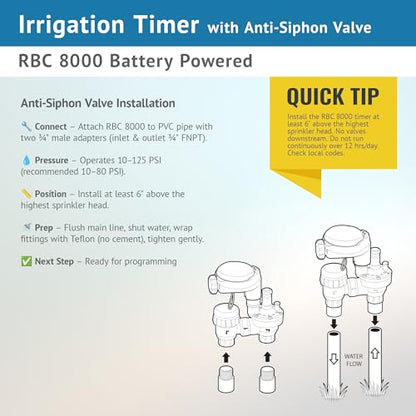 DIG RBC 8000 Battery Powered Irrigation Automatic Controller with 3/4" Anti-Siphon Valve - Advanced, Safe, and Convenient for Sprinklers or Drip Irrigation System