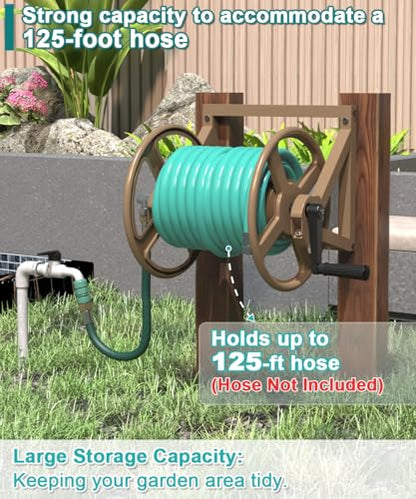 Artigarden Garden Hose Reel Wall Mounted, Outdoor Heavy Duty Powder Coated Metal Water Hoses Holder Winder Holds 125 ft 5/8" Hoses with 3.9ft Leader Hose, Stainless Steel Connector for Outside, Brown - color: Brown