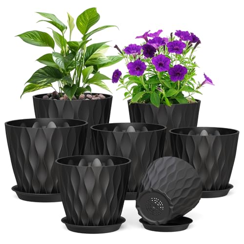 Meowell 7/6.5/6/5.5/5/4.5/4 inch Plant Pots for Indoor Outdoor Plants, 7 Pack Thick Flower Pots with Drainage Holes and Saucers, Modern Wave Texture Plastic Planter Pots for Nursery, Succulent, Black - color: Black, size: 7+6.5+6+5.5+5+4.5+4 inch 7 pieces