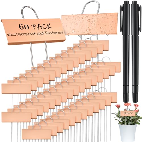 Maitys 62 Pcs Metal Plant Labels Garden Markers Outdoor Weatherproof 10.6 Inch Stainless Steel Nursery Tags Reusable Bulk with Pens for Flower Fruit Vegetable Seedling (Rose Gold Label with Black Ink) - color: Rose Gold Label With Black Ink
