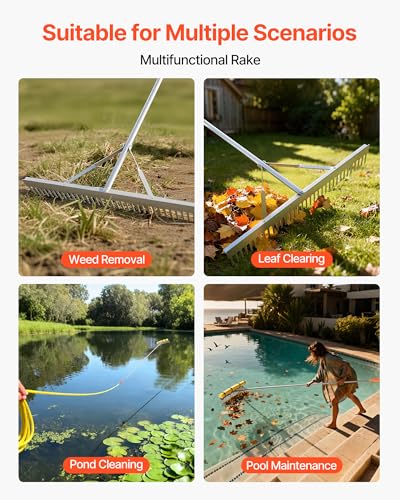 VEVOR Landscape Rake, 36 inch Wide Head 133 inch Handle, Large Heavy Duty Aluminum Landscaping Leaf Rake Tool, Asphalt Level for Loosening Soil, Garden & Yard, Pond Gravel & Beach Lawn Care, 52ft Rope - size: 133 inch