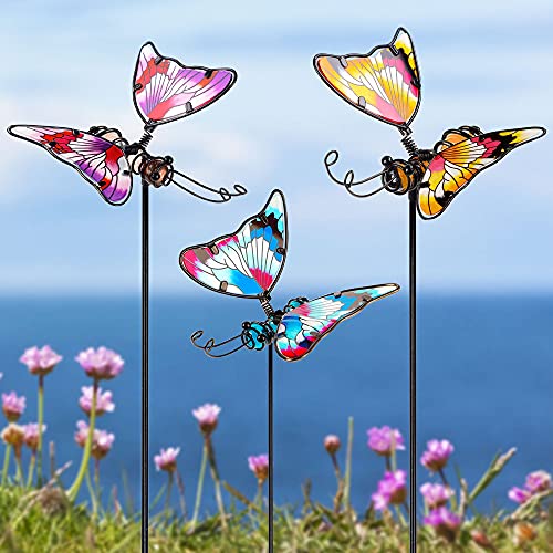 Juegoal Set of 3 Butterfly Garden Stake Decor, 20 Inch Colorful Butterflies Stakes, Glass & Metal Yard Art Ornaments for Mom, Mothers Day Ideal Gifts, Outdoor Lawn Pathway Patio Plant Pot, Flower Bed - size: Set of 3