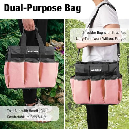 WORKPRO Garden Tool Bag, 10 Pockets and Shoulder Strap, Pink - color: Pink