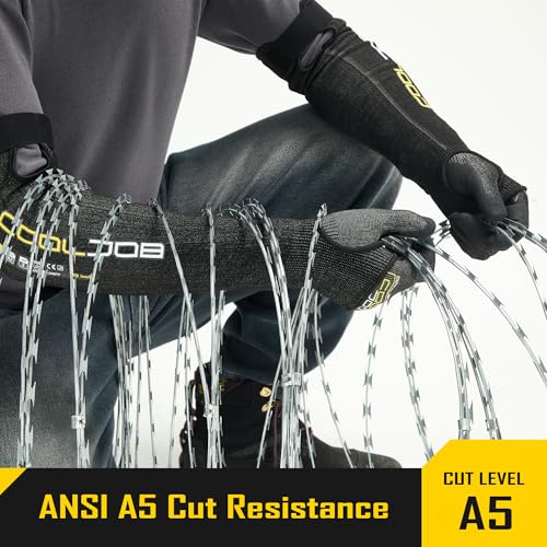 COOLJOB A5 Cut Resistant Touchscreen Work Gloves and Adjustable Arm Sleeves, No Glass Fiber&Steel, Construction, Gardening - size: Large