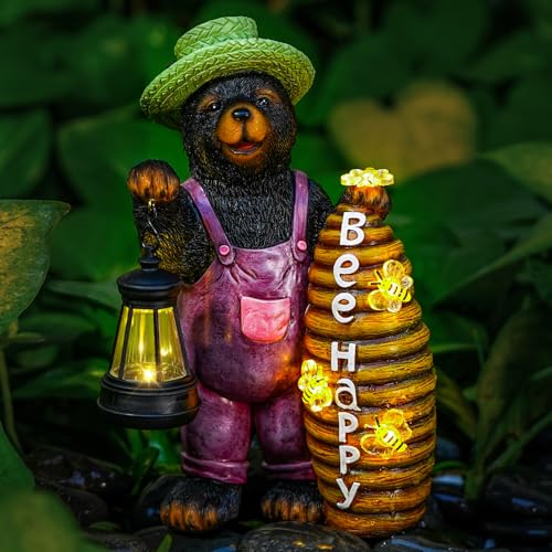 Joint Honglin Honey Bear Garden Statue with Lighted Beehive & Lantern - color: Honey Bear