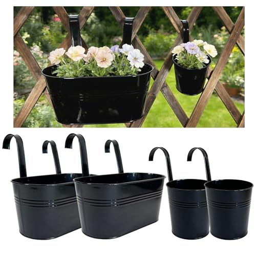 4 Pack Mixed Size Metal Railing Planters with Hanging Hooks, Black - color: Black, size: Oval 10"*2 + Round 4"*2