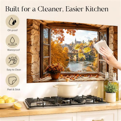 Autumn Village Backsplash Sticker 17.3 x 28 in Peel and Stick PVC - color: Colorful1601