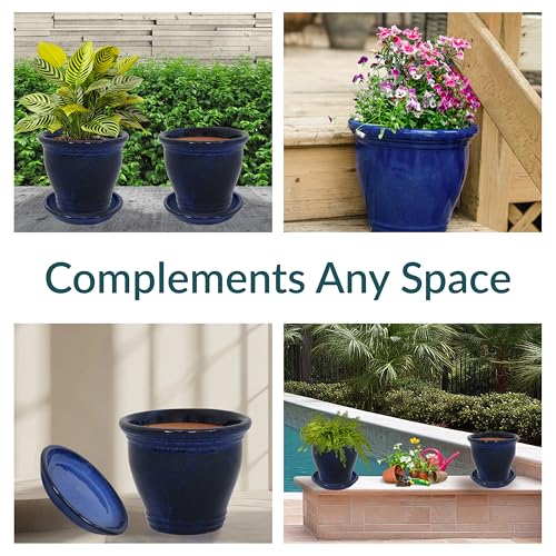 Sunnydaze 11 in Round Ceramic Planters & Saucers - Set of 2 - Imperial Blue
