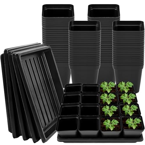 2.6in 100 Pcs Square Nursery Pots with 5 Pcs Plastic Seed Starting Trays - size: 2.4in-100pcs