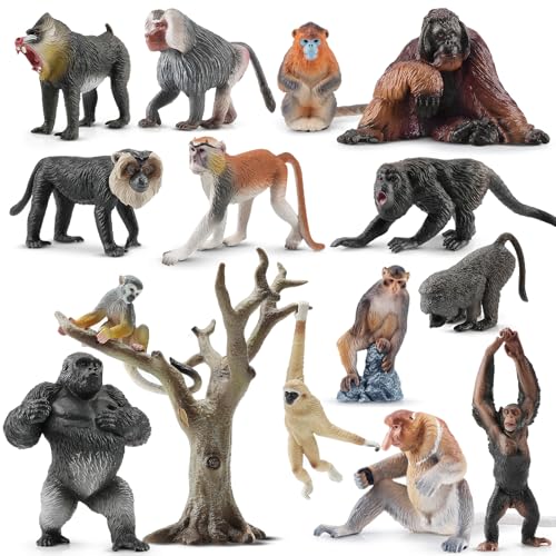 Toymany 15PCS Monkey Primates Figurines, Plastic Jungle Animals Set Included Tree Monkey Ape Tree Chimpanzee Gorilla Orangutan Toys for Kid Todllers - style: Animal Toy-Primate
