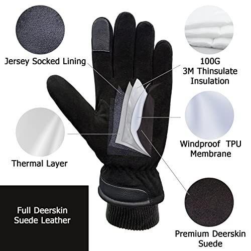 SKYDEER 3M Thinsulate Thermal Winter Work Gloves with Windproof Premium Genuine Deerskin Suede Leather (Unisex SD8671T) - color: Sd8651t, size: X-Large