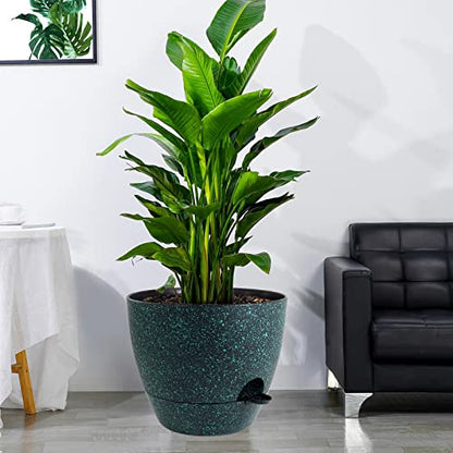 UOUZ 12 inch Large Self Watering Pots, Plastic Planters with 60oZ Removable Deep Reservoir and Multi Mesh Drainage Holes for Indoor Outdoor Garden Plants and Flowers, Black with Green Speckles - color: Black With Green Speckles