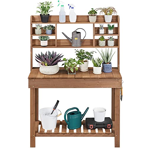 Topeakmart Wooden Garden Workbench with Display Rack and Open Storage,Brown