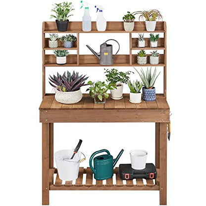 Topeakmart Wooden Garden Workbench with Display Rack and Open Storage,Brown