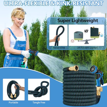 100 ft Expandable Garden Hose - Superior Strength 3750D - 3 -Layer Latex Core Garden HoseS - Expanding Water hoses - Extra Strong Brass Connectors/Storage Bag