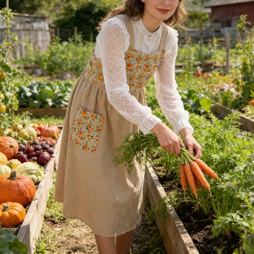 Cotton Linen Apron Cross Back Apron for Women with Pockets Pinafore Dress - color: 2 Pack-flora Beige