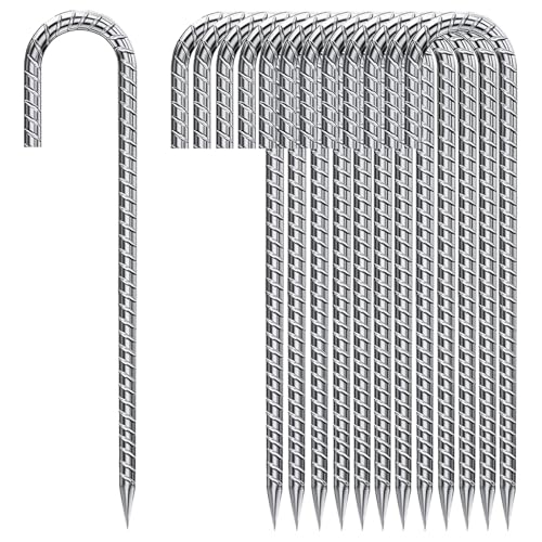 Rebar Stakes 12 Inch, Tent Stakes Heavy Duty Galvanized J Shaped 50 Pack Landscape Fabric Staples for Garden Weed Barrier Fabric Dog Fence Inflatable Camping Tents Artificial Turf - color: J-HOOK-Silver-8mm, size: 50pcs