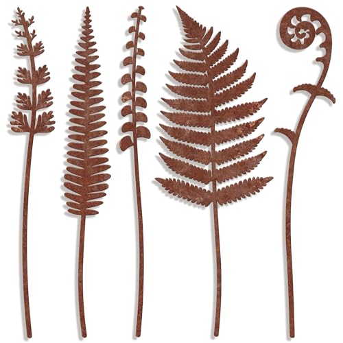 5pcs Metal Flowers for Outside Rusty Plant Decorative Garden Stakes - color: Ferns