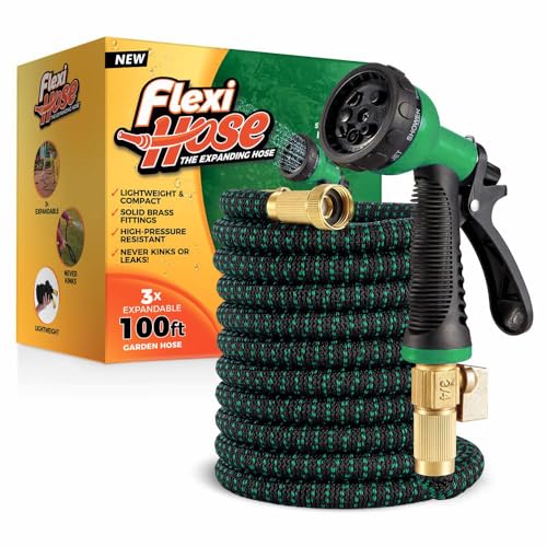 Flexi Hose with 8 Function Nozzle, 100FT - Lightweight Expandable Garden Hose, No-Kink Flexibility, 3/4 Inch Solid Brass Fittings and Double Latex Core - Black and Green - size: 100ft