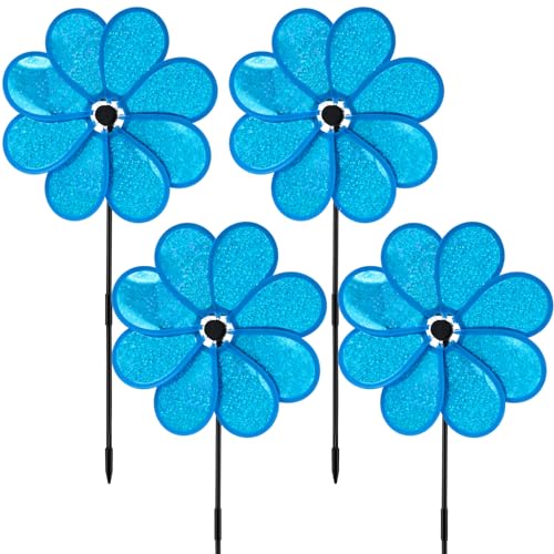 4PCS Flower Wind Spinner Sparkly Lawn Pinwheel 11.8 inch Blue Garden Windmill for Garden, Party, Outdoor, Yard Decor - size: Blue