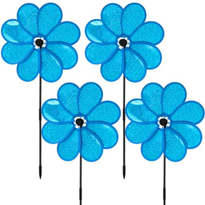 4PCS Flower Wind Spinner Sparkly Lawn Pinwheel 11.8 inch Blue Garden Windmill for Garden, Party, Outdoor, Yard Decor - size: Blue