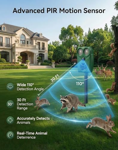 2 Pack Solar Ultrasonic Animal Repeller with Motion Sensor, Deer Repellent Devices with LED Light, Waterproof Cat Repellent Outdoor