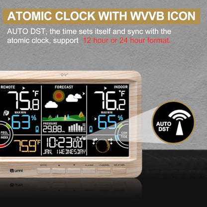 Weather Station Indoor Outdoor Thermometer Wireless Atomic Clock Wood - color: Multi