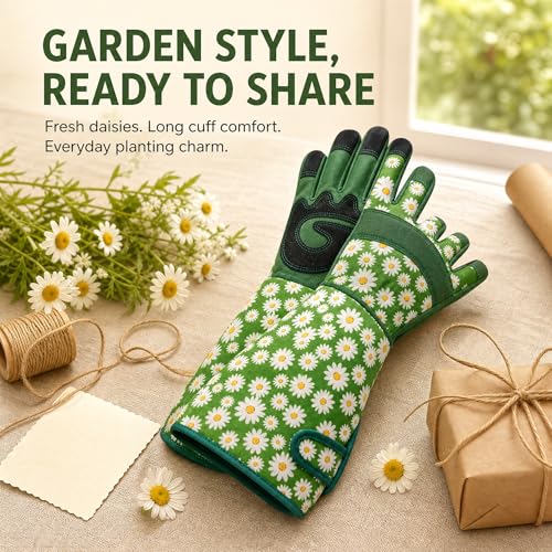 Thornproof Rose&Cactus Gardening Gloves,Gauntlet Garden Glove,Gifts - color: Green Daisy, size: Medium