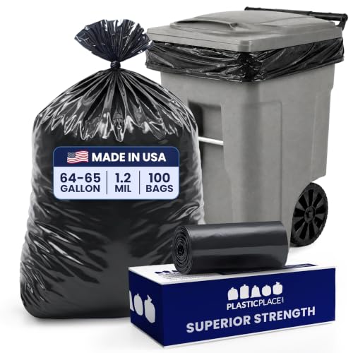 Plasticplace 64-65 Gallon Trash Can Liners for Toter │ 1.2 Mil │ Black Heavy Duty Garbage Bags │ Rolls │ 50” x 60” (100 Count) - size: 100 Count (Pack of 1)