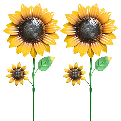 YEAHOME Garden Decor for Outside, 2 Pack 22.4“ Sunflower Garden Stakes Fall Decor, Metal Flowers with Shaking Head Yard Art for Outdoor Yard Lawn Patio Decoration - color: Yellow