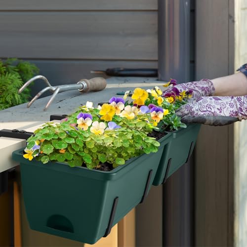 4 Pack Deck Railing Planter 17'' Balcony Fence Planters for Railing Hanging - color: Green+black Brackets