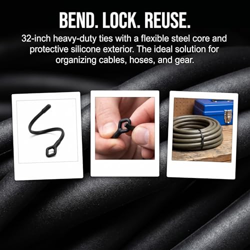 8pcs Rubber Twist Ties, 32-Inch Silicone Cable Ties Reusable - color: Black