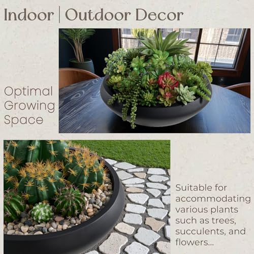 19" Dia Black Concrete Bowl Planter, Large Succulent Pot with Drain Hole - color: Black, size: Medium