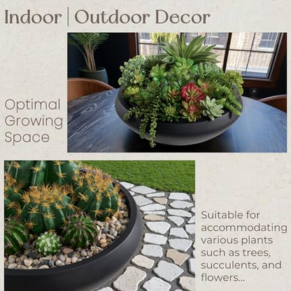 19" Dia Black Concrete Bowl Planter, Large Succulent Pot with Drain Hole - color: Black, size: Medium